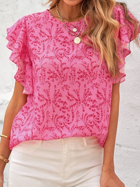 

Frill Sleeve Crew Neck Buttoned Short Sleeve Tops, Pink, Tops