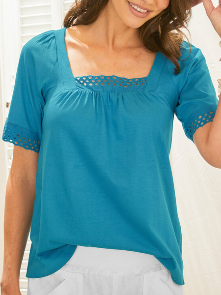 

Lace Square Neck Plain Casual Short Sleeve T-Shirt, Blue, T-Shirts