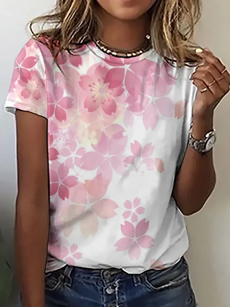 

Casual Simple Sakura Print Crew Neck T-Shirt, Pink, T-shirts