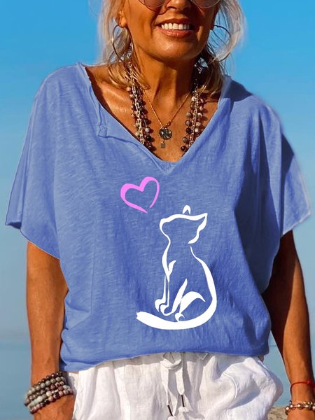 

Casual Simple Heart Print V-Neck T-Shirt, Blue, T-shirts