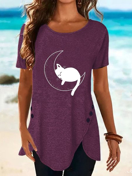 

Casual Simple Moon Print Crew Neck T-Shirt, Wine red, T-shirts