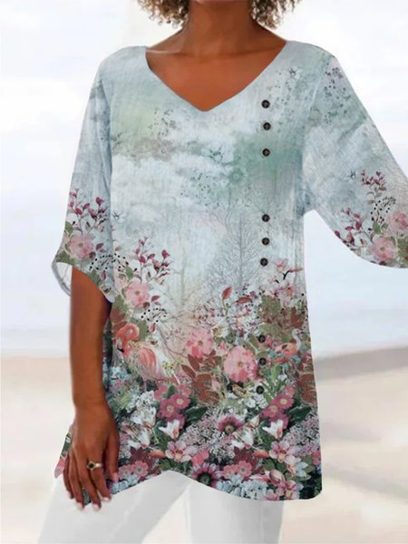 

Casual Floral Three Quarter V Neck Plus Size Printed Tops, Green, Tops
