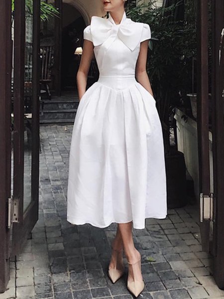 

Plain Regular Fit Elegant Short Sleeve Woven Dress, White, Maxi Dresses