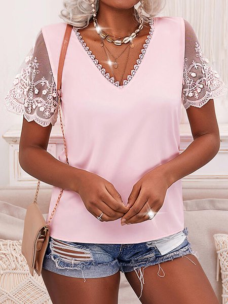 

See-Through Look V Neck Short Sleeve Tops, Pink, Tops