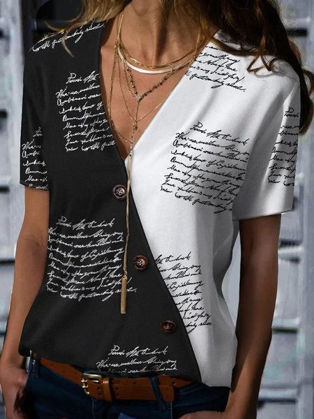 

Casual Letter Loosen V Neck Short Sleeve Blouse, Black, Blouses & Shirts