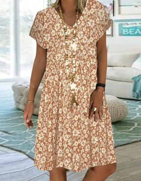 Plus size Casual Floral Short Sleeve Dress, Yellow, Dresses