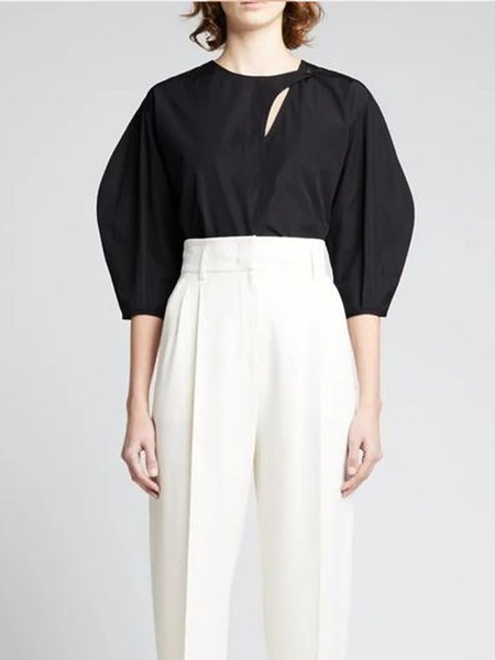 

Puff Sleeve Hollow Out Top, Black, Tops