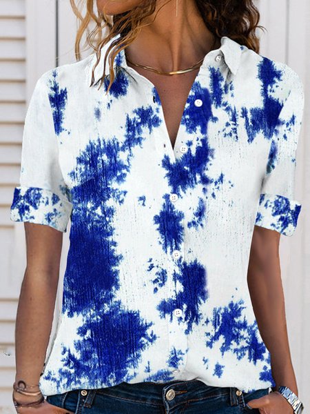 

Ombre Casual Shirt Collar Short Sleeve Blouse, Blue, Blouses & Shirts