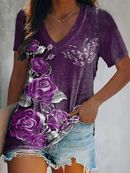 

Printed Regular Fit Short Sleeve V neck T-Shirt, Purple, T-Shirts