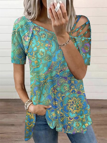 

Tribal Short Sleeve Hollow Out Plus Size Casual T-Shirt, Cyan, Blouses & Shirts