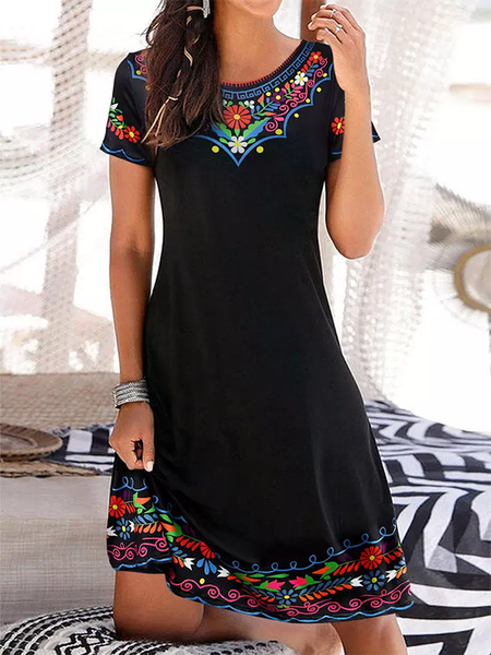 

Tribal Crew Neck Casual Short Sleeve Knit Dress, Black, Mini Dresses