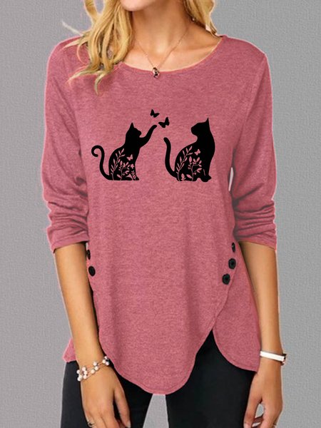

Casual Simple Print Crew Neck Long Sleeve Shirt, Pink, Long sleeves