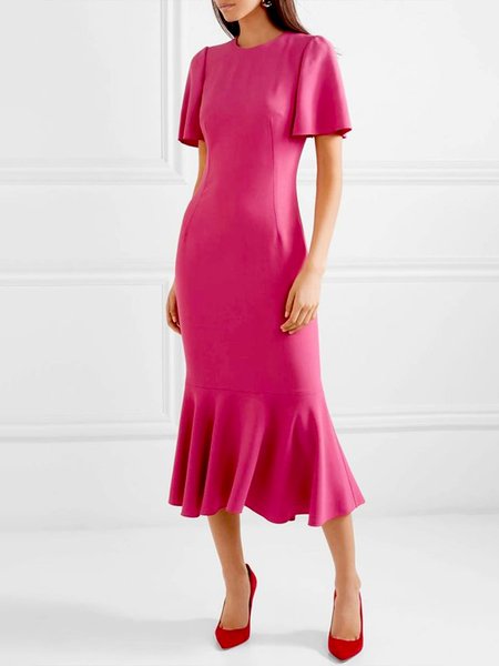 

Crew Neck Elegant Short Sleeve Woven Midi Dress, Rose red, Midi Dresses