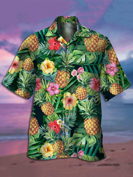

Men's Pineapple Print Casual Breathable Hawaiian Short Sleeve Shirt, Green, Men's Floral shirt