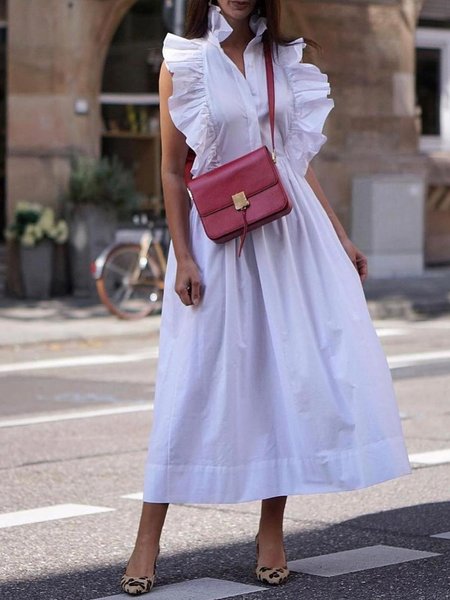 

Regular Fit Solid Short Sleeve Woven Dress, White, Maxi Dresses