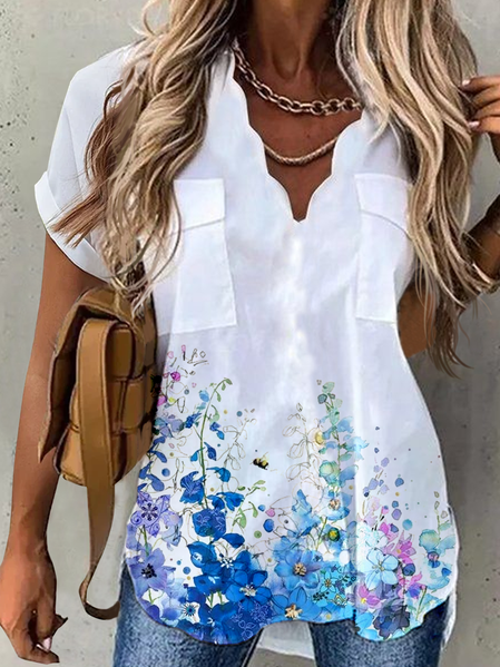 

Floral Casual Loosen Short Sleeve Tops, White, Tops