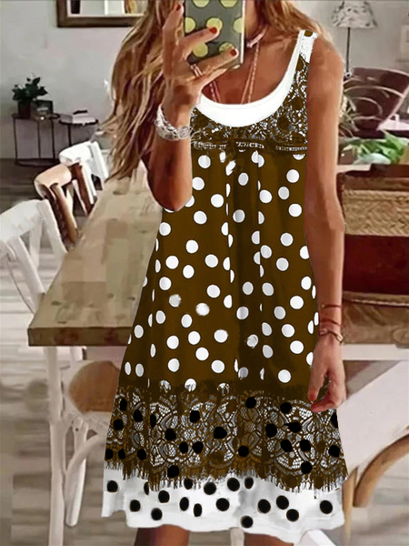 

Fake Two Piece Lace Stitching Polka Dot Dress, Brown, Dresses