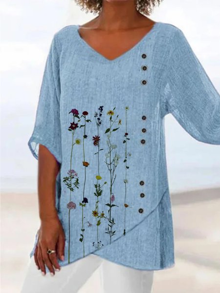 

Casual Floral Three Quarter V Neck Plus Size Tops, Blue, Tops