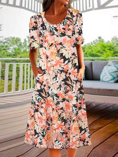 

Plus size Crew Neck Short Sleeve Casual Floral Dress, Orange, Midi Dresses