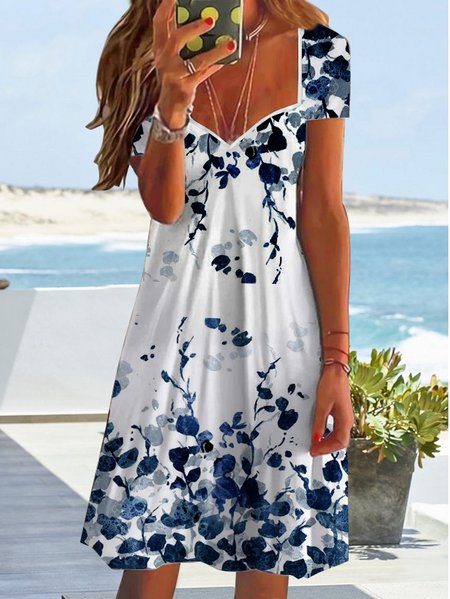

Vacation Cotton Blends Leaves Regular Fit Short Sleeve Knit Dress, Multicolor, Dresses