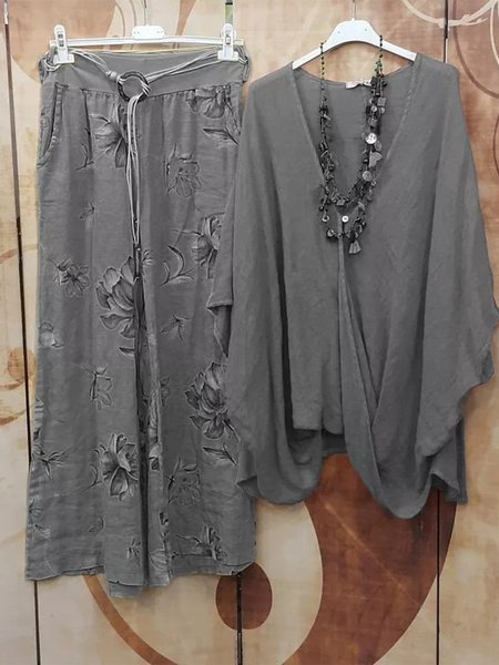

JFN Floral Cross Casual Top & Pants Two-Piece Set, Gray, Suit Set