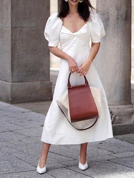 

Solid V Neck Regular Fit Short Sleeve Woven Dress, Off white, Maxi Dresses