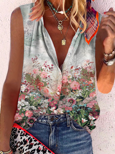 

Plus size Floral Loosen V Neck Sleeveless Blouse, Multicolor, Blouses & Shirts