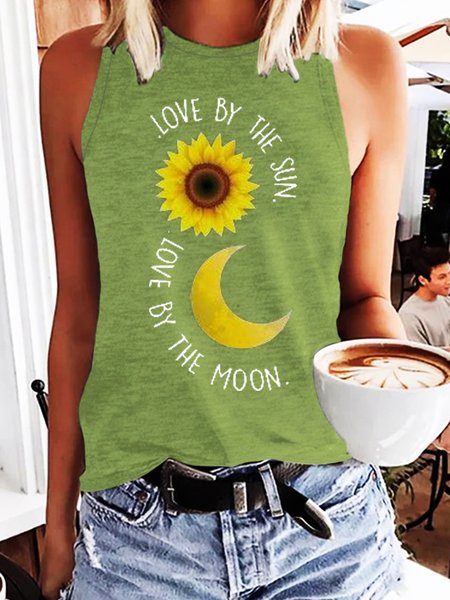 

Womens Love By The Sun Love By The Moon Letter Crew Neck Casual Knit, Green, Tank Tops