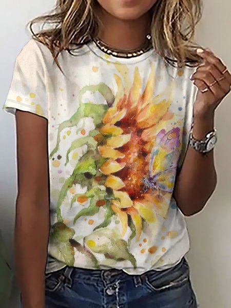

Casual Sunflower Print Crew Neck T-Shirt, As picture, T-shirts
