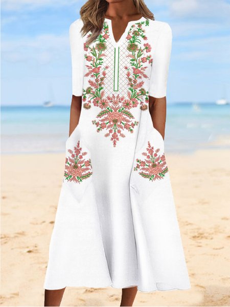 

Floral Basics Loosen Short Sleeve Woven Dress, White, Maxi Dresses