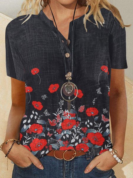 

Regular Fit Stand Collar Vintage Short Sleeve Tops, Black, Tops