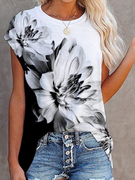 Casual Floral Loosen Crew Neck Short Sleeve T-Shirt, White, T-Shirts