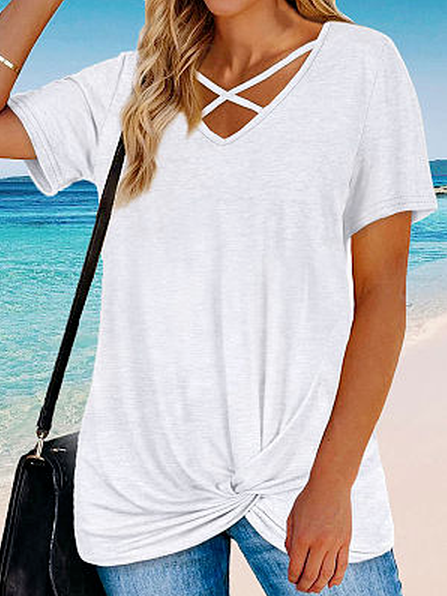 

Knot Front Casual Solid Short Sleeve T-Shirt, White, Tees & T-shirts