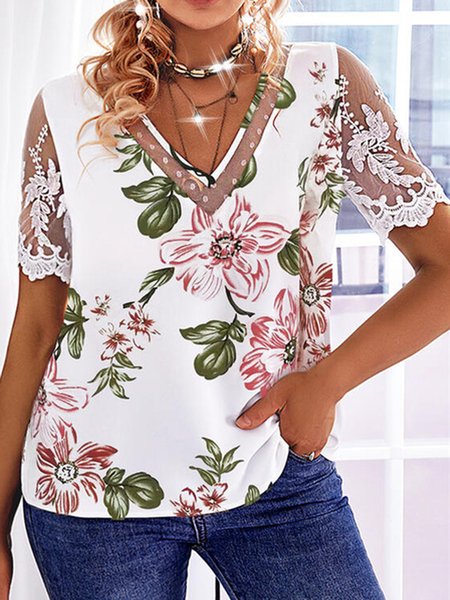 

Floral V Neck Loosen Short Sleeve Tops, Pink, Tops