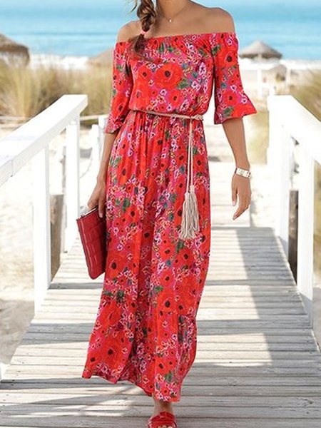 

Casual Short Sleeve Woven Dress, Red, Maxi Dresses