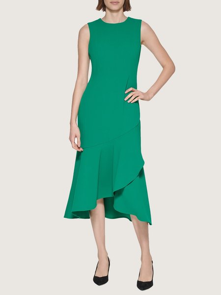 

Simple Crew Neck Sleeveless Woven Dress, Green, Midi Dresses