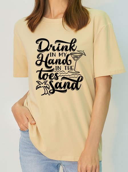

Drink In My Hand Toes In The Sand Letter Sweet Bamboo Fiber Short Sleeve T-Shirt, Apricot, T-shirts