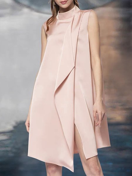 

Elegant Solid Stand Collar Sleeveless Dress, Pink, Midi Dresses