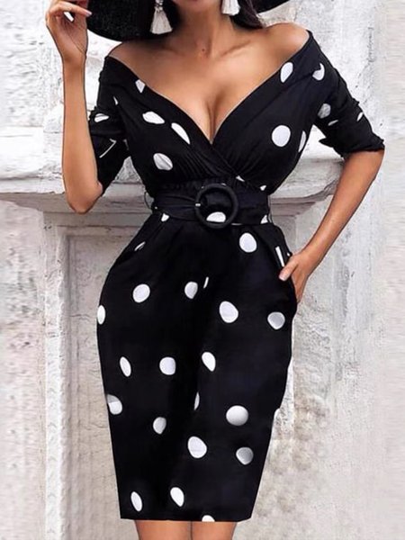 

Slim Fit V Neck Elegant Short Sleeve Knit Dress, Black, Midi Dresses