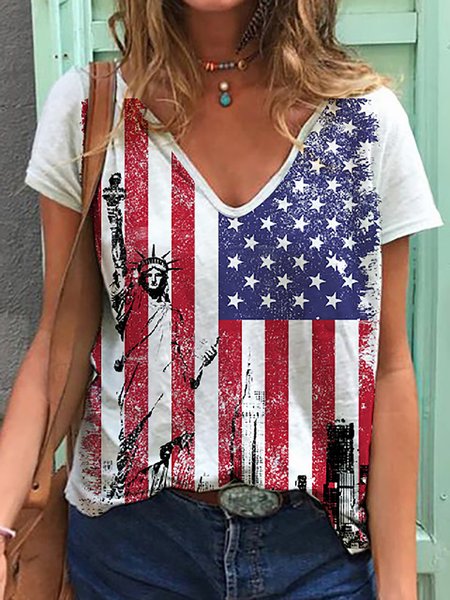 

Independence Day Flag Print Casual Loose T-Shirt, Blue, Tees & T-shirts