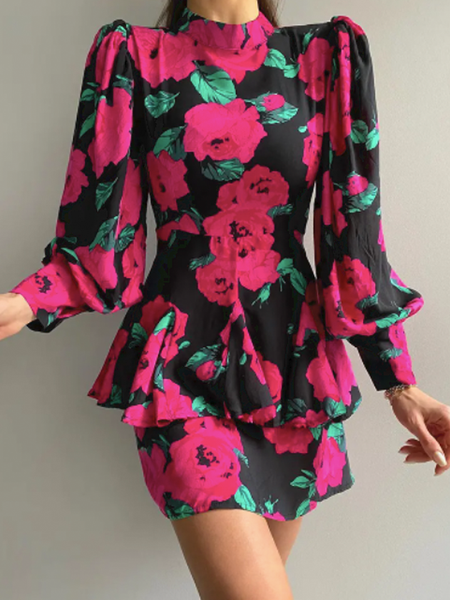 

Summer Lightweight Long sleeve Floral Stand Collar Long Sleeve Woven Dress, Red, Mini Dresses