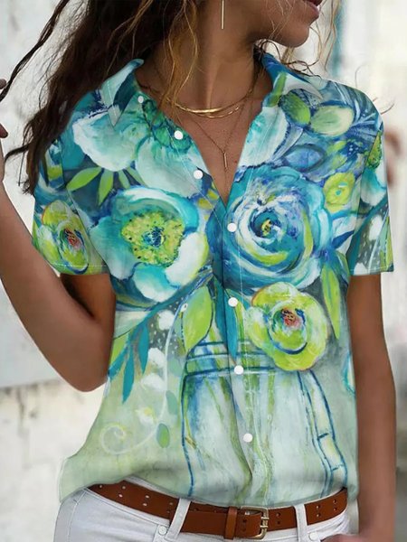 

Shirt Collar Abstract Casual Short Sleeve Blouse, Green, Blouses