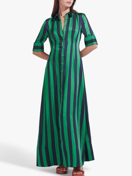 

Striped Simple Satin Shirt Dress, Green, Maxi Dresses