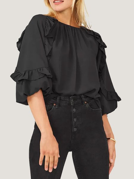 

Bishop Sleeve Flouncing Simple Top, Black, Tops
