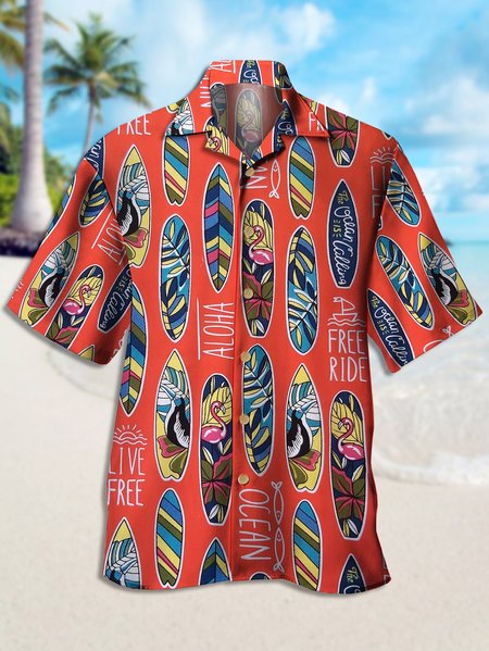 

Mens Hawaiian Surfing Board Print Lapel Loose Short Sleeve Funky Aloha Shirts, Red, Men's Floral shirt