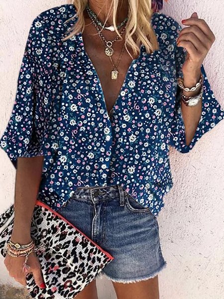 

V Neck Casual Mid Sleeve Blouse, Blue, Blouses & Shirts