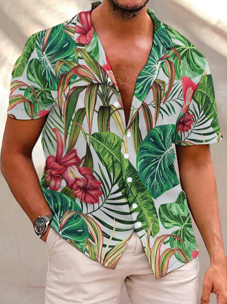 

Men's Casual Resort Botanical Floral Print Short Sleeve Cuban Collar Shirt, As picture, Short Sleeves Shirts