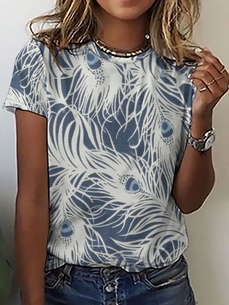 

Casual Simple Feather Print Crew Neck T-Shirt, As picture, T-shirts