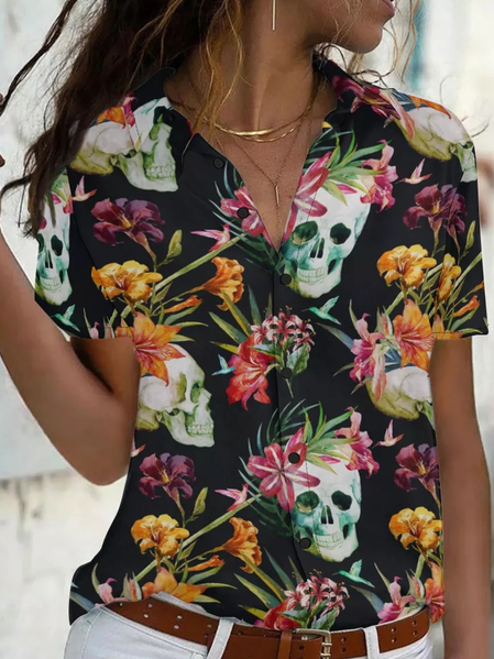 

Womens Flowers And Skulls Print Short Sleeve Blouse, As picture, Blouses
