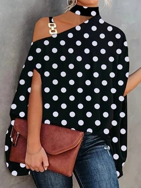 

Loosen Polka Dots Short Sleeve Tops, Black, Tops